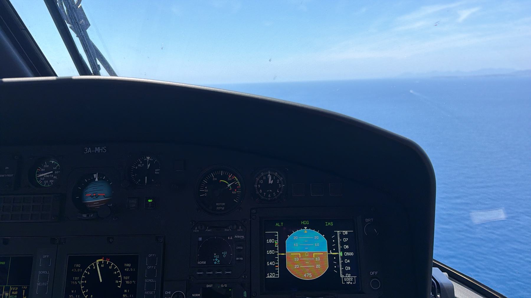 The instrument panel of 3A-MHS with the Mediterranean ahead